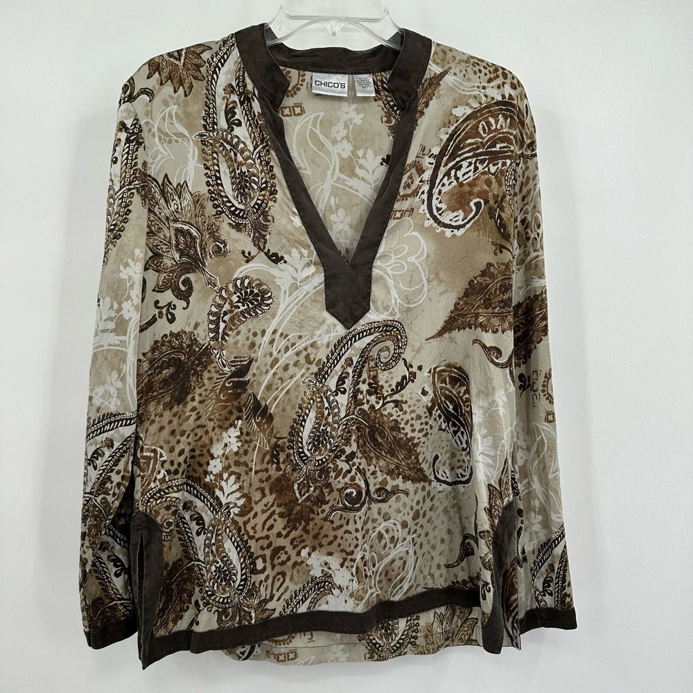 Chicos Womens Sheer Paisley Top Size‎ M Boho Artistic Silk Blend Cottage Noir